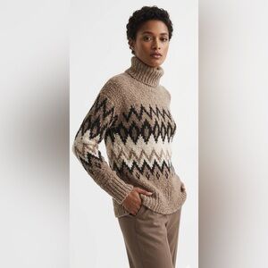 Reiss Bobbi Chunky Fairisle Pattern Knit Funnel Neck Jumper in Brown